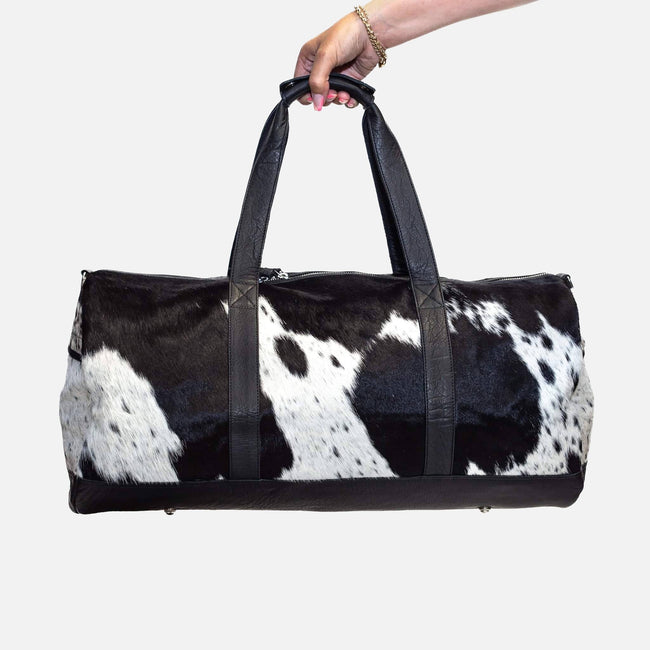 Black White Cowhide Duffel Bag