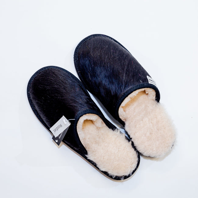 black cowhide slippers with sheepskin lining
