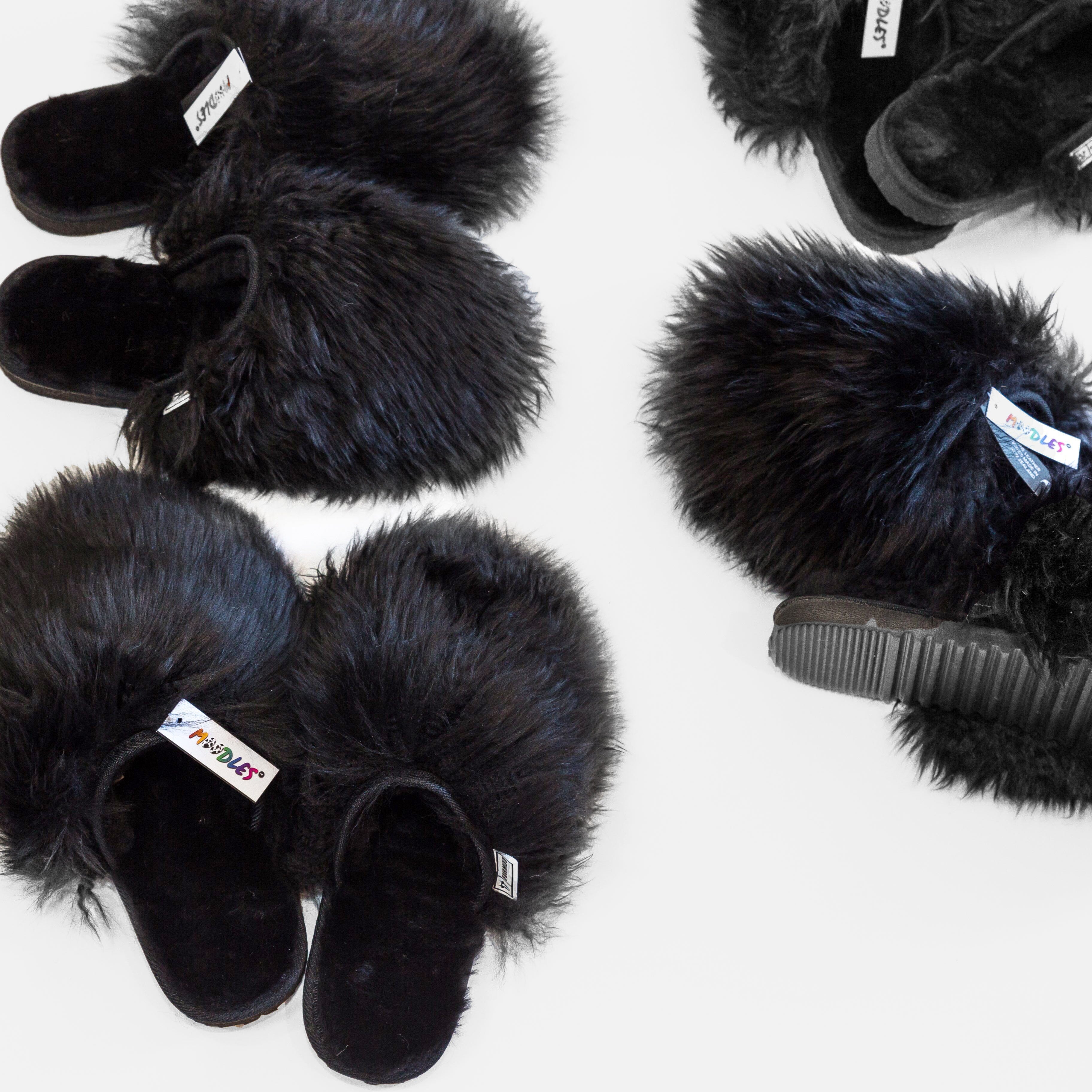 Black Fluffy Slippers with Sheepskin Lining Night Fury Moodles