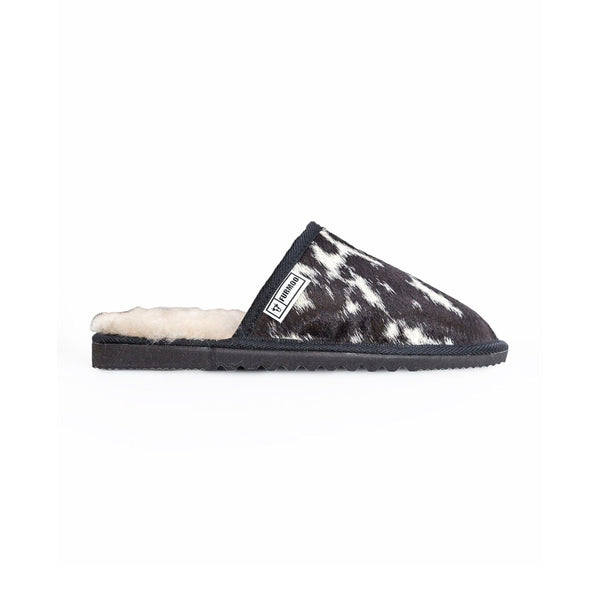 Felix Moodles | Black & White Cowhide Fur Slippers – FURMOO