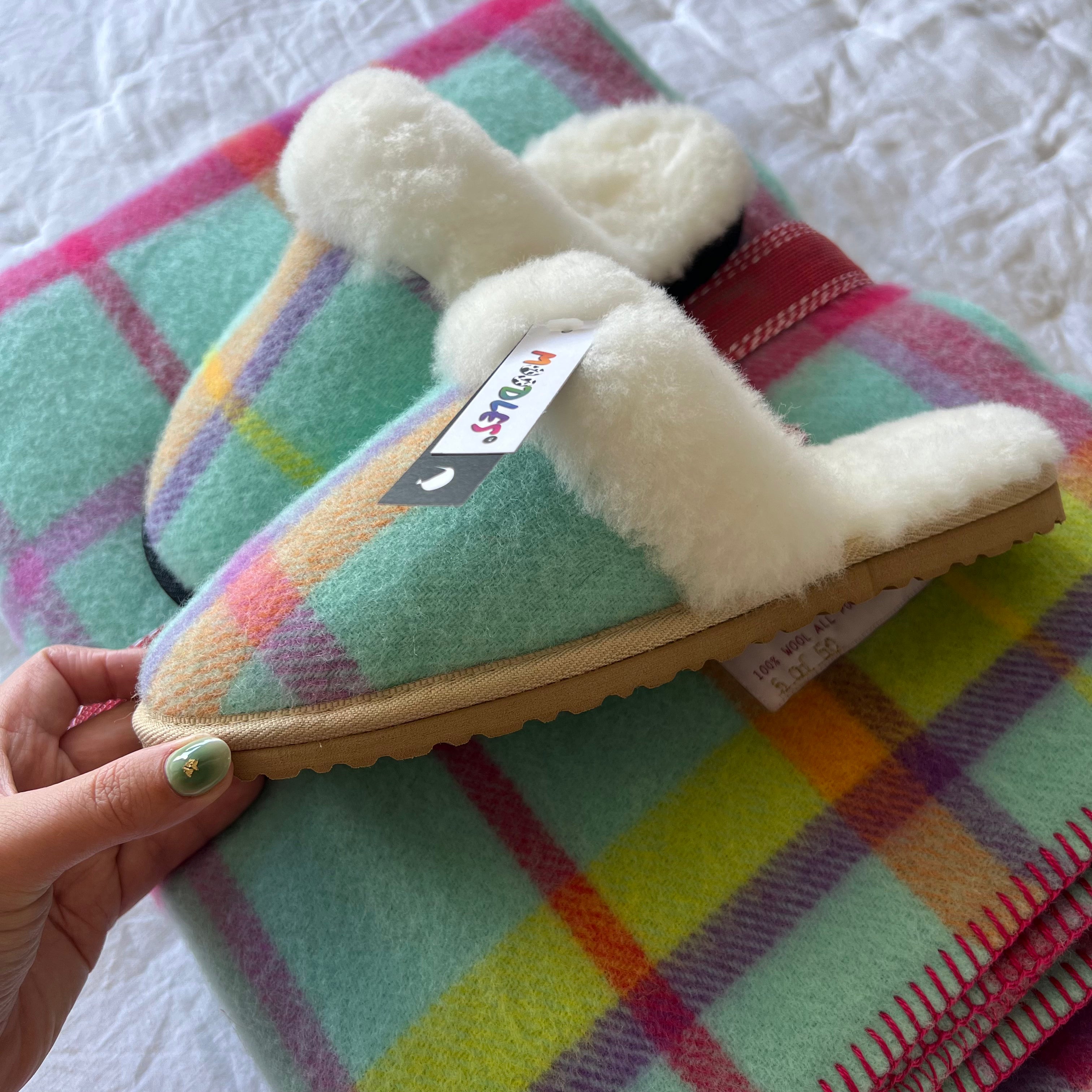 Tartan slippers best sale with pom poms