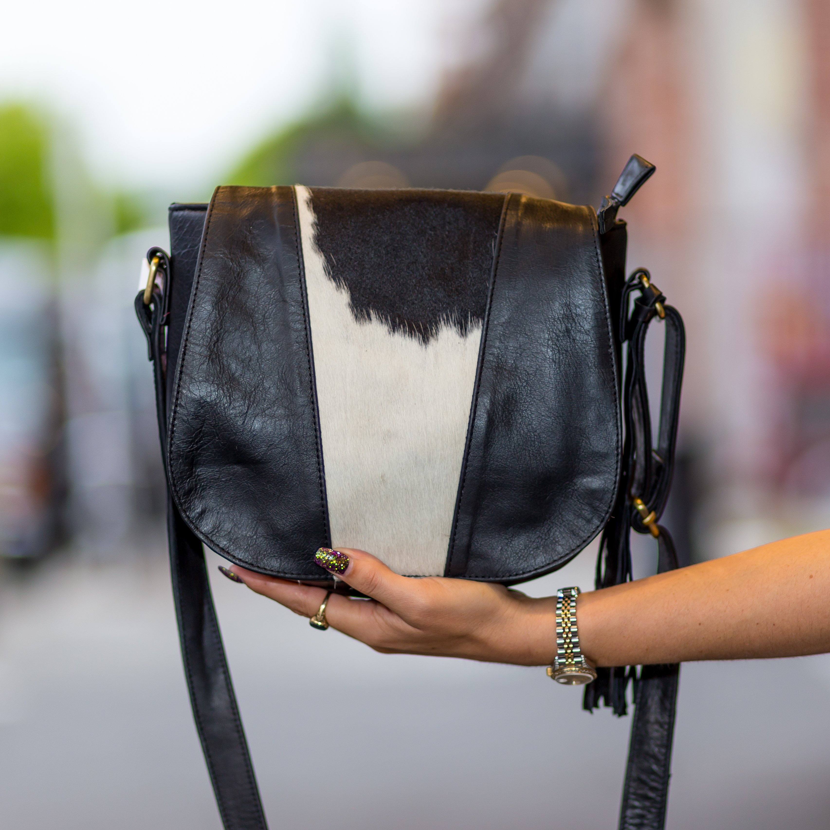  Black &amp; Brown Cowhide Satchel Handbag by Furmoo