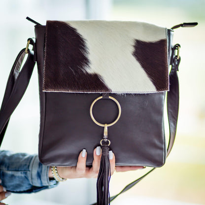 Fur Leather Ring Satchel Cowhide Bag