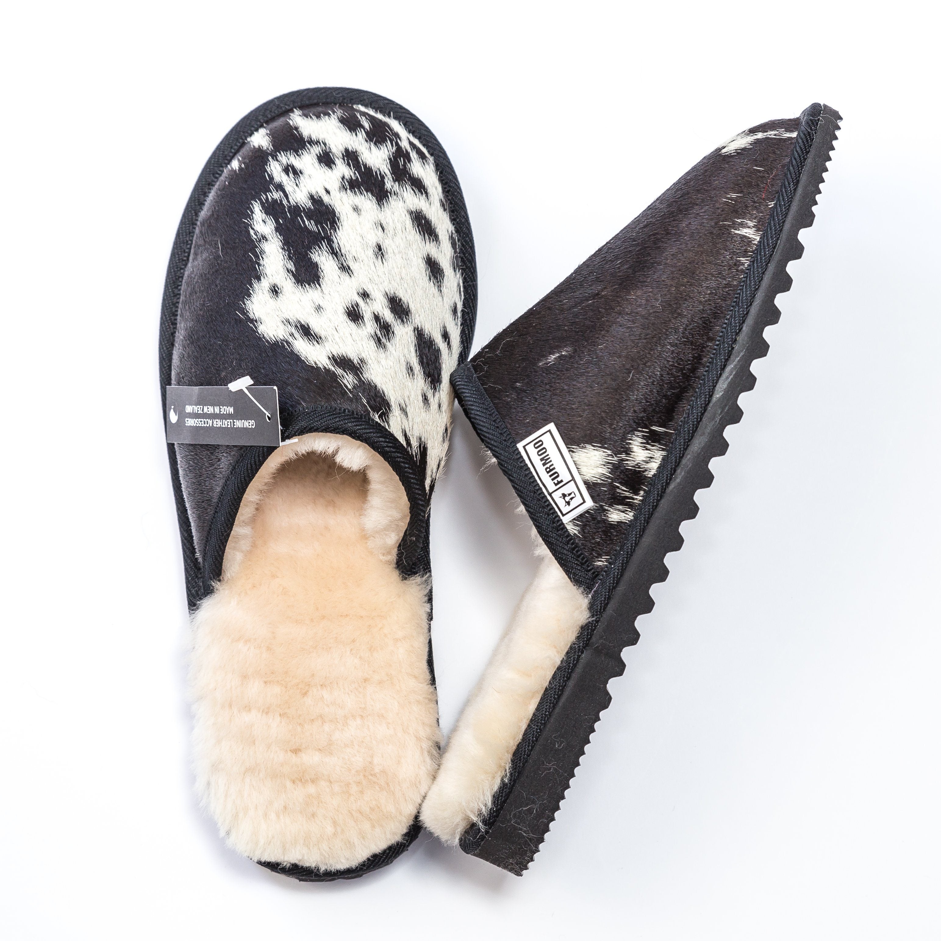 Felix Moodles Black White Cowhide Fur Slippers FURMOO